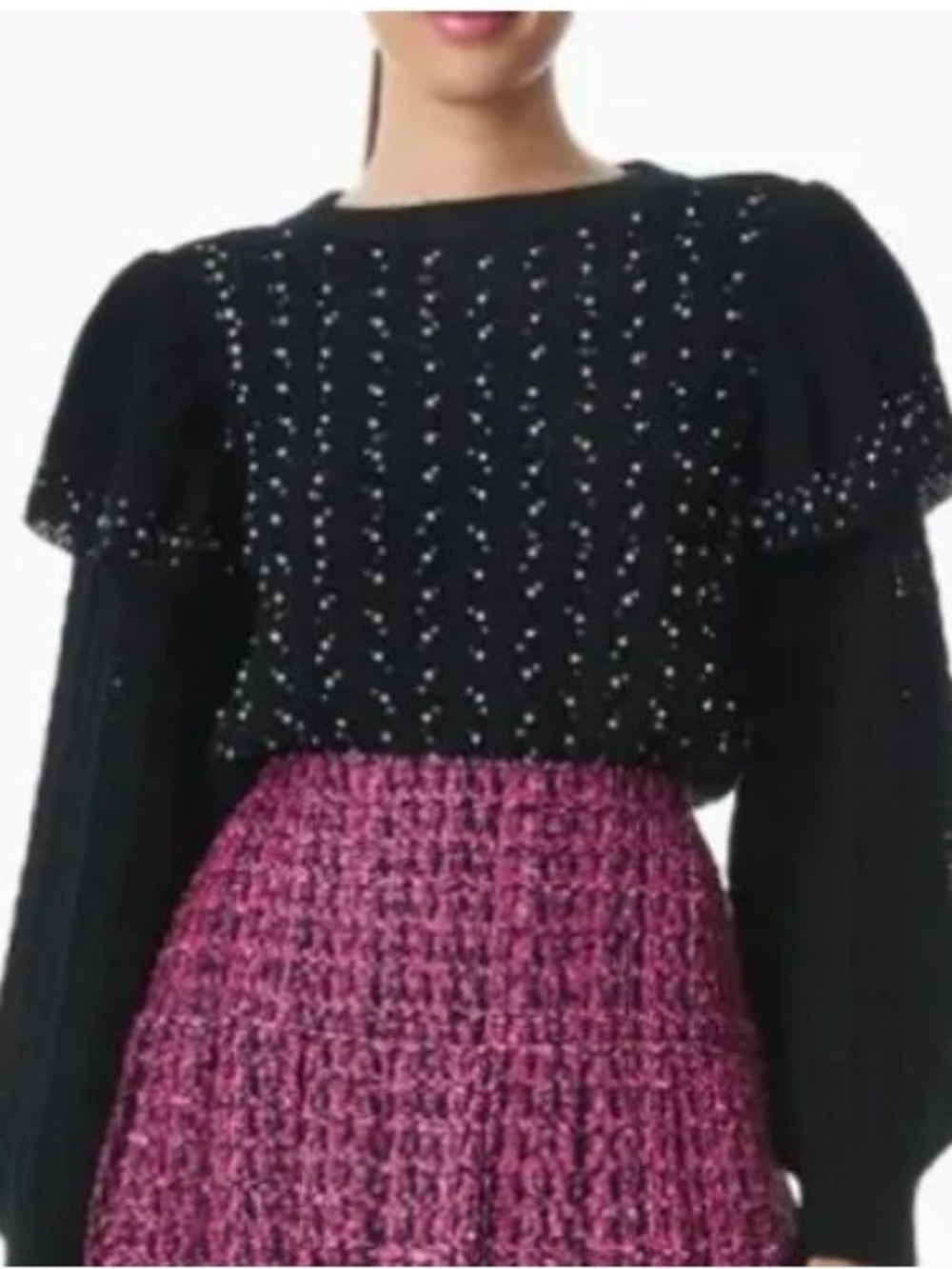 Alice + Olivia Black Beaded Ruffle-Shoulder Sweater